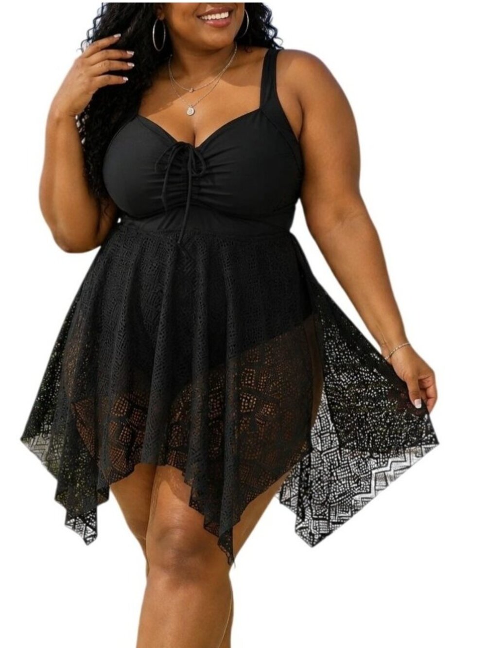 Bloomchic Plus Size 28 Swim Dress One Piece Black Geometric Mesh Drawstring